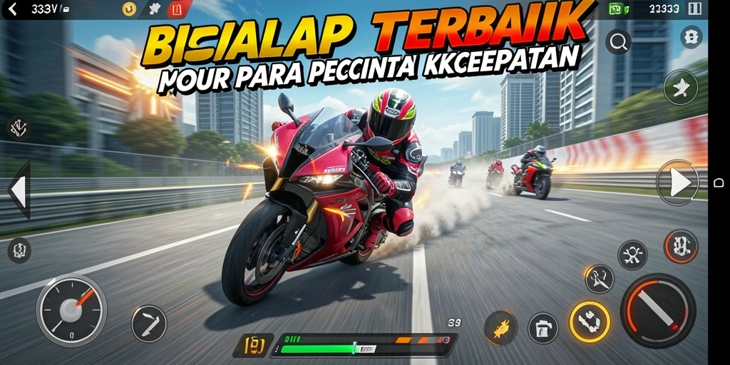 Screenshot gameplay 333V menampilkan balapan motor yang mendebarkan.