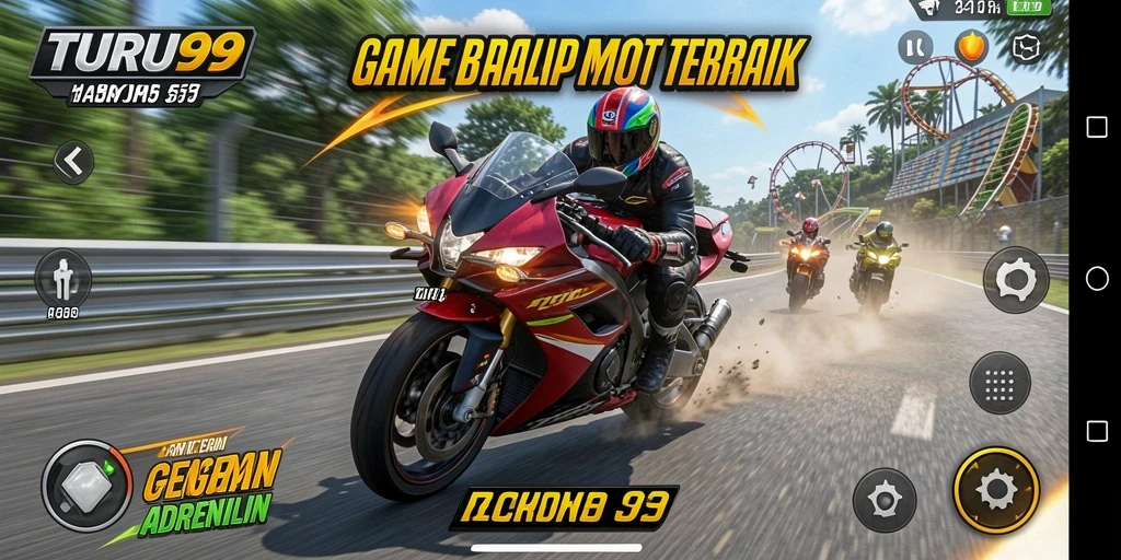Tampilan gameplay seru TURU99 dengan motor balap tercepat.
